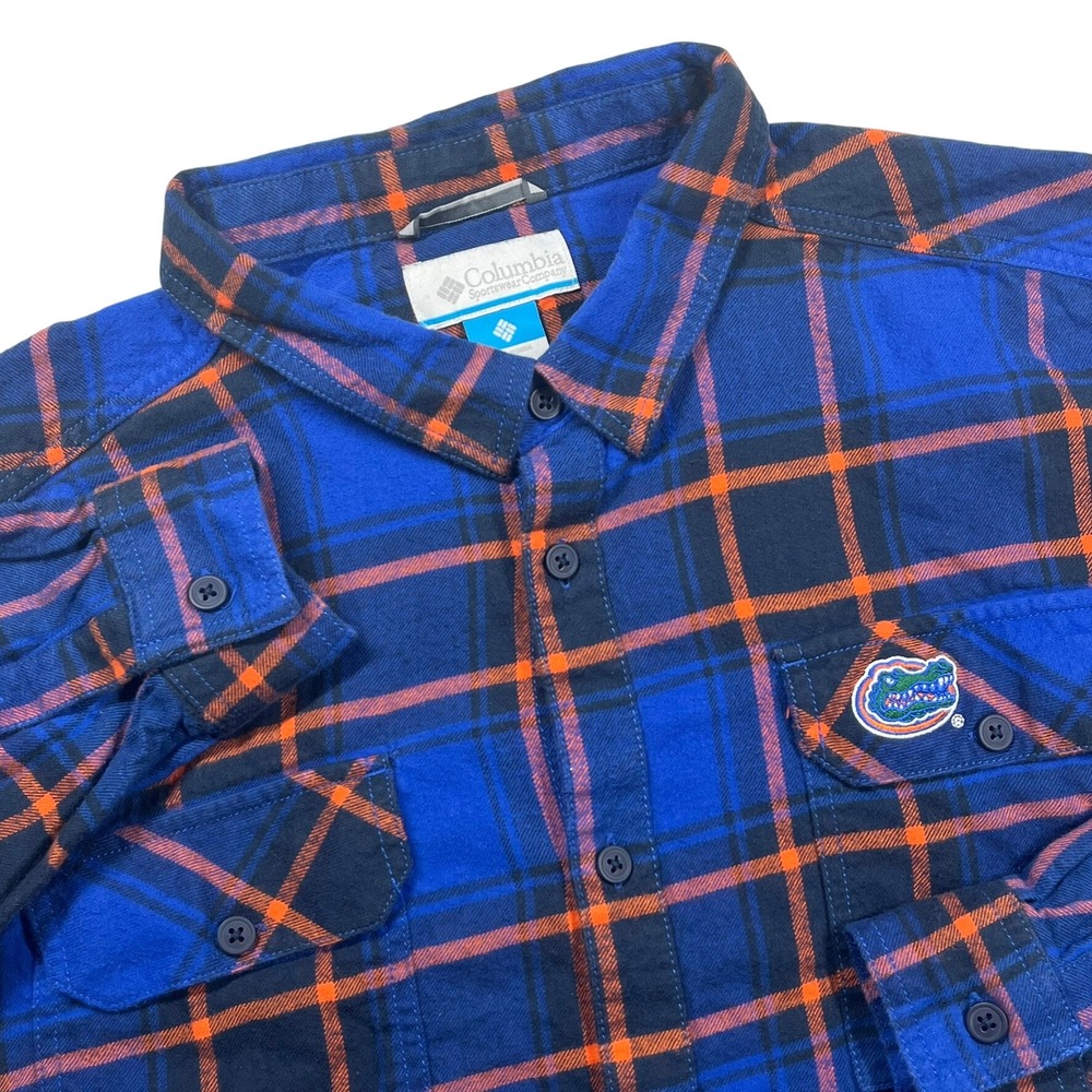 University of Florida Gators Flannel Shirt Mens XL Blue Orange Plaid Button Up